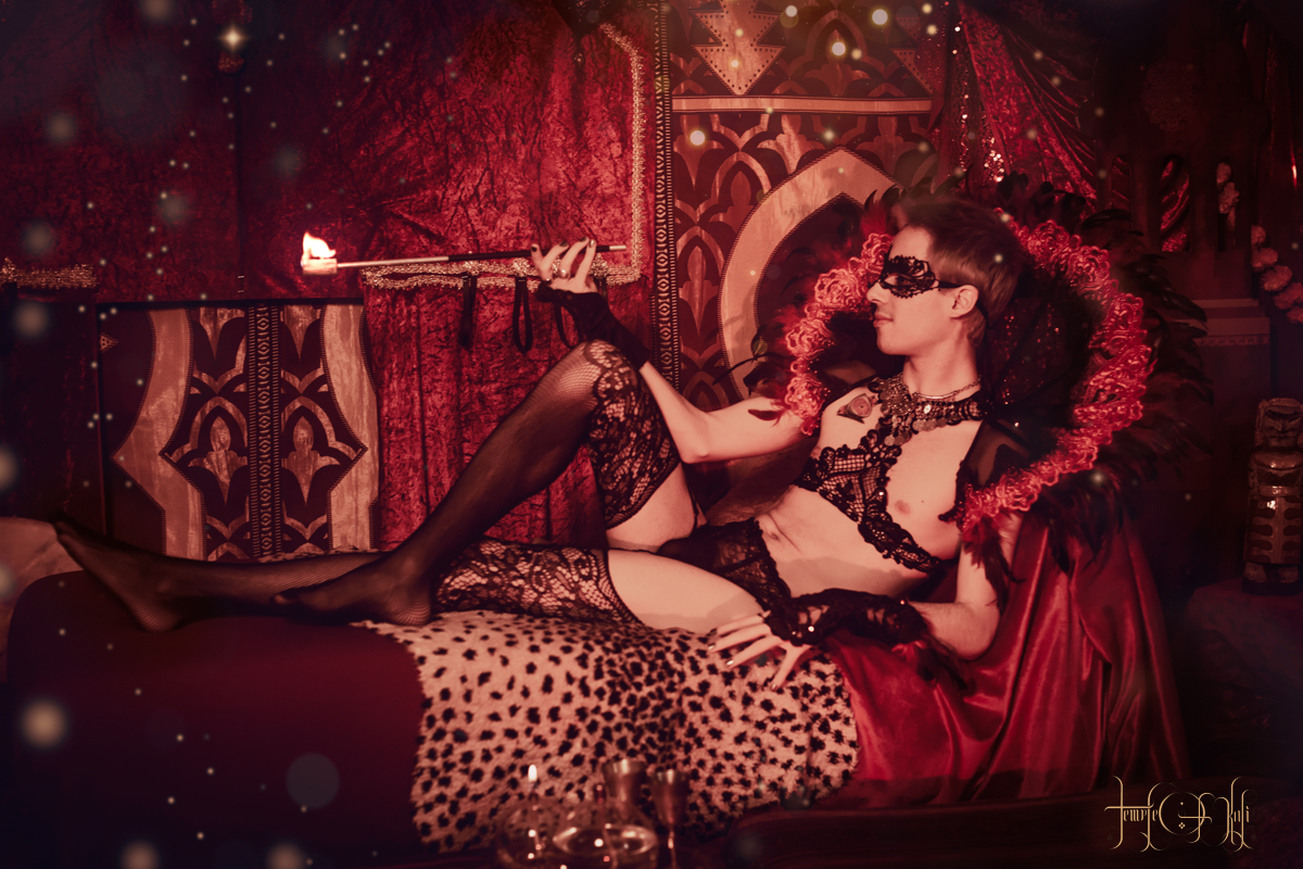 Boudoir portrait staged inside the red Temple of Lika tent
